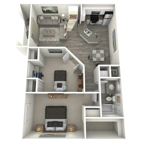 Modern 3D floor plan featuring 2 bedrooms, a cozy living room, open-concept kitchen, and stylish bathroom.