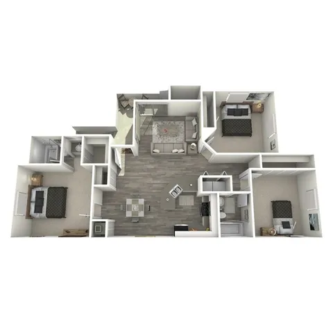 Modern 3D floor plan showcasing a spacious 3-bedroom apartment with open-concept living and dining area, stylish kitchen, and two bathrooms.