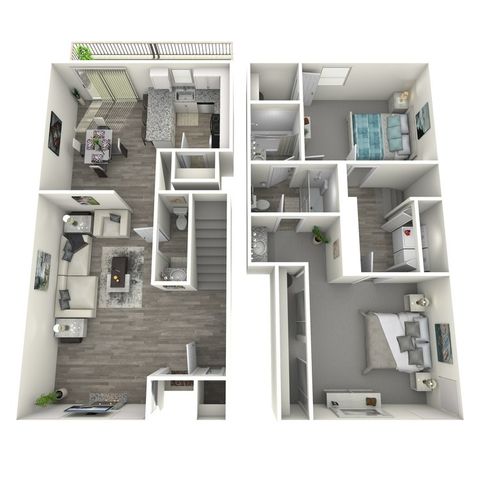 Elegant 3D floor plan showcasing a modern duplex with 2 bedrooms, spacious living room, and a stylish open kitchen with dining area.