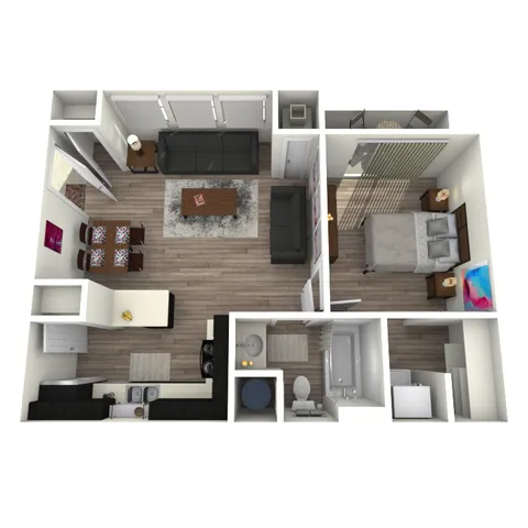Inviting 3D floor plan showcasing a spacious one-bedroom apartment with open-concept living and dining area, modern kitchen, and cozy lounge space.