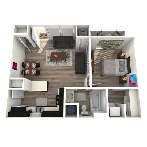 Modern 3D floor plan featuring an inviting living room, cozy bedroom, and a stylish kitchen with dining area.
