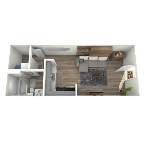 Chic 3D floor plan highlighting a cozy living space with a stylish kitchen, elegant bathroom, and inviting entryway.