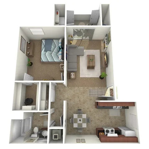 Modern 2D floor plan showcasing a cozy apartment with 1 bedroom, open-concept living room, and a contemporary kitchen.