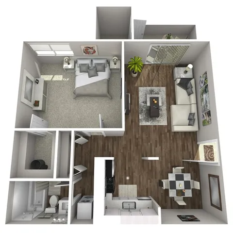 Modern open-concept floor plan featuring a spacious bedroom, stylish living room, and sleek kitchen, perfect for contemporary living.