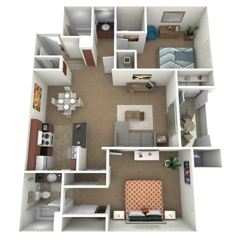 Charming 3D floor plan with 2 bedrooms, open living-dining area, modern kitchen, and private balcony access.