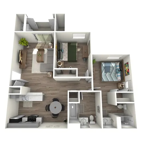 Modern 3D floor plan featuring 2 bedrooms, open living area with TV setup, stylish kitchen with dining space, and two bathrooms.