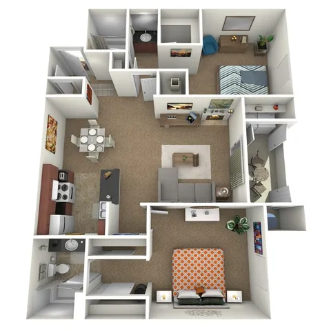 Modern 3D floor plan showcasing a spacious 2-bedroom apartment with an open-concept living area, stylish kitchen, cozy dining space, and private balcony.