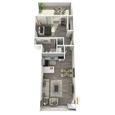 Modern 3D apartment floor plan showcasing a cozy bedroom, sleek kitchen, spacious living area, and inviting balcony space.