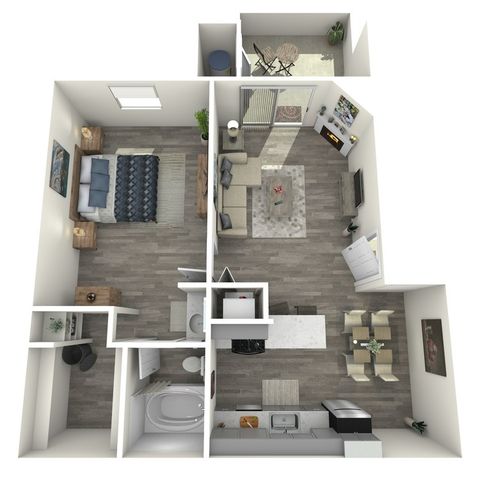 Modern 3D floor plan showcasing a cozy one-bedroom apartment with a spacious living area, contemporary kitchen, dining space, and a private balcony.