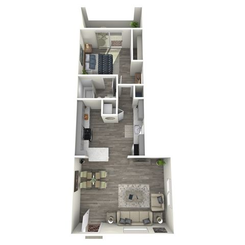 Modern 3D floor plan showcasing a sleek apartment with a spacious living room, cozy bedroom, elegant kitchen, and stylish dining area. Perfect blend of comfort and functionality.