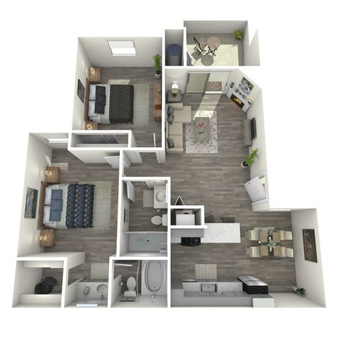 Modern 3D floor plan featuring two spacious bedrooms, open living and dining area, sleek kitchen, and cozy balcony.