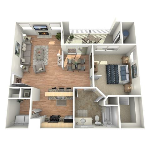 Modern 3D floor plan showcasing a spacious one-bedroom apartment with an open-concept living room, stylish kitchen, cozy dining area, and private balcony.