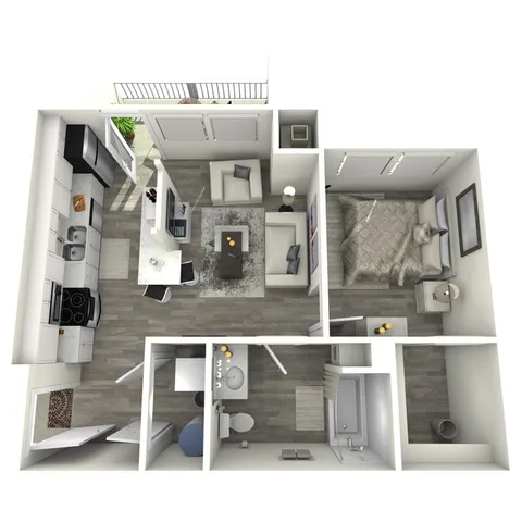 Modern 3D floor plan showcasing a sleek 1-bedroom apartment with a stylish living area, contemporary kitchen, and a cozy balcony. Ideal for urban living.