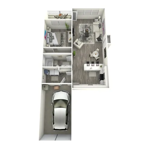 Modern 3D apartment floor plan featuring an open-concept living area, spacious kitchen with island, two cozy bedrooms, a stylish bathroom, and a convenient integrated garage.