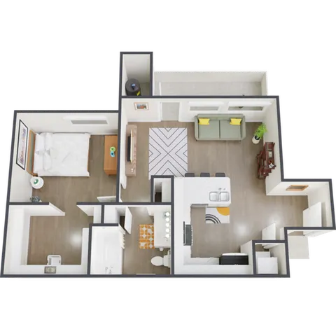 Modern 1-bedroom apartment floor plan with an open living area, stylish kitchen, and cozy bathroom.