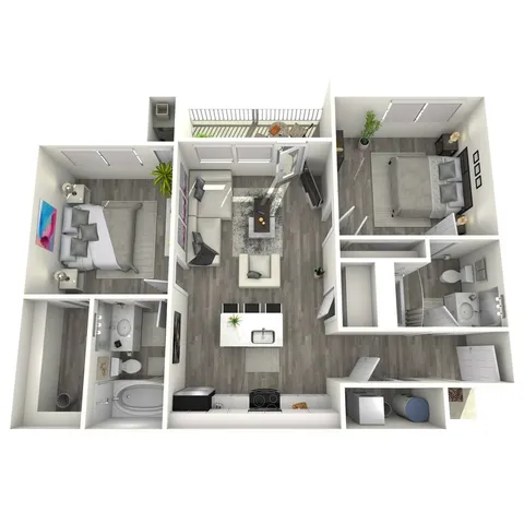 Modern 3D floor plan showcasing 2 spacious bedrooms, elegant living area, contemporary kitchen with island, and 2 chic bathrooms, complete with a cozy balcony.