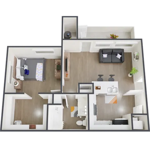 Modern 3D floor plan showcasing a cozy one-bedroom apartment with a spacious living area, stylish open kitchen with breakfast bar, and a sleek bathroom.