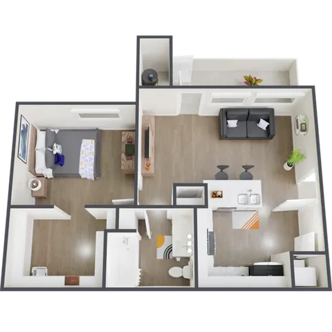 Modern 1-bedroom apartment floor plan with spacious open-concept living area, stylish kitchen with breakfast bar, and elegant bathroom. Ideal for comfortable urban living.