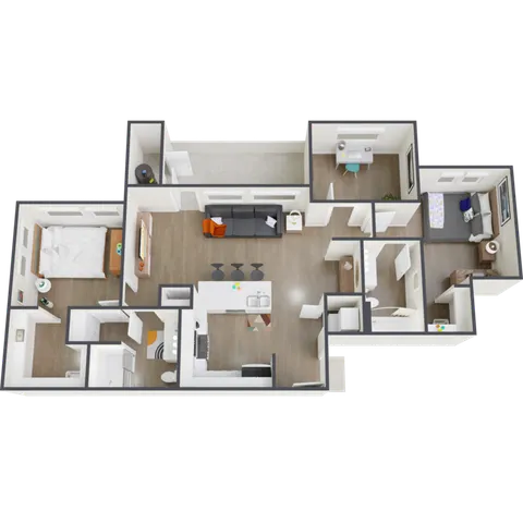 Modern 3D floor plan featuring 3 bedrooms, spacious kitchen with island, and an inviting open-concept living area.