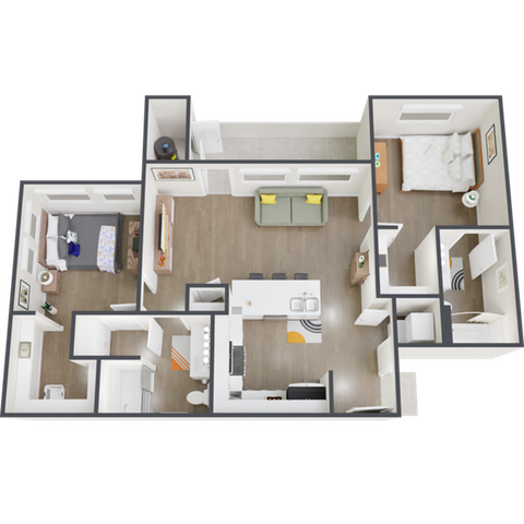 Modern 3D floor plan showcasing two bedrooms, a cozy living room, and a stylish open kitchen, perfect for comfortable living.