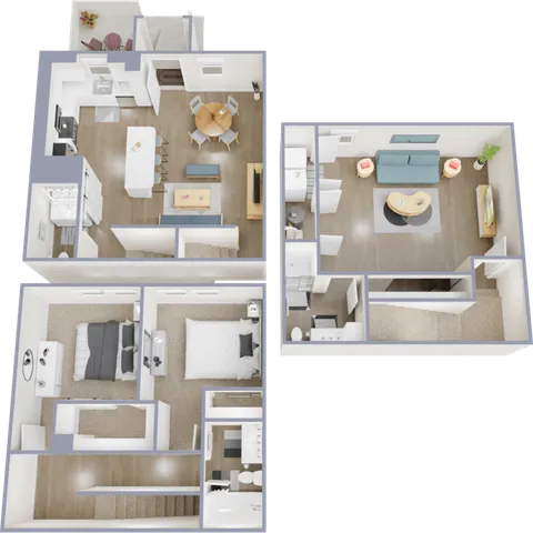 Charming 3D floor plan of a two-level apartment featuring 2 bedrooms, a sleek kitchen with dining area, cozy living room, and modern bathrooms.