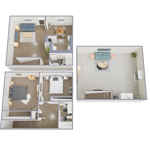 Contemporary 3D floor plan showcasing a two-level apartment with 2 bedrooms, a spacious living area, and a modern kitchen and dining space.