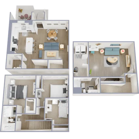 Modern 3D floor plan showcasing a spacious two-story layout with 3 bedrooms, open-concept living and dining area, sleek kitchen, and cozy upstairs lounge.