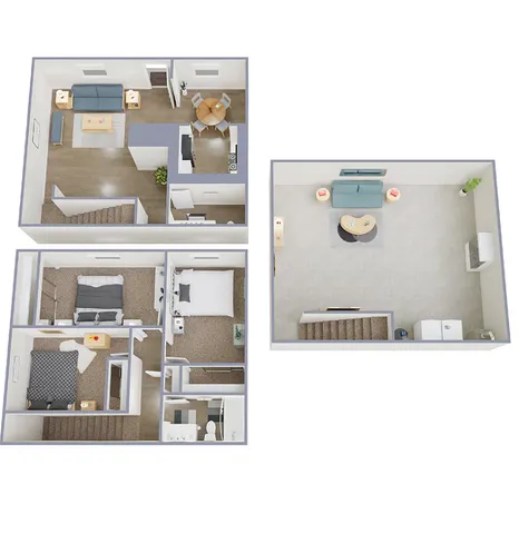 Modern 3D floor plan showcasing a spacious three-bedroom apartment with an inviting living area, cozy kitchen, and elegant decor.