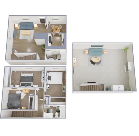Modern 3D floor plan showcasing a two-story apartment with three bedrooms, spacious living room, and open kitchen area, ideal for comfortable living.