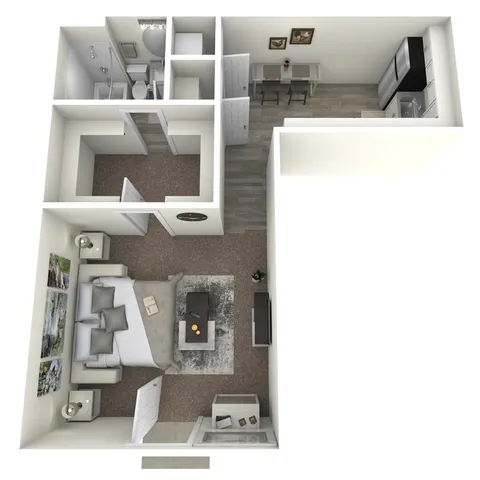 Modern 3D floor plan showcasing a spacious one-bedroom apartment with open-concept living area and stylish kitchen.