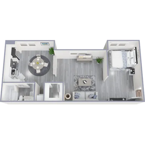 Contemporary open-concept floor plan showcasing a cozy bedroom, stylish living area, modern kitchen, and chic dining space.