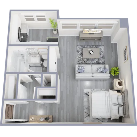 Modern 1-bedroom apartment floor plan with sleek living room, cozy bedroom, stylish kitchen, and two bathrooms. Bright and open layout with elegant furniture.