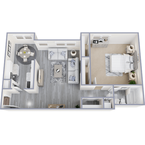 Contemporary floor plan featuring a spacious open-concept living and dining area, a modern kitchen, and a cozy bedroom with ensuite bathroom.