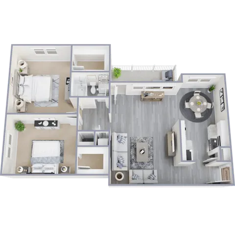 Modern 3D floor plan showcasing 2 cozy bedrooms, a spacious living area, elegant kitchen, dining space, and stylish bathroom.