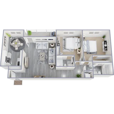 Modern 3D floor plan showcasing a spacious layout with two bedrooms, a cozy living room, a chic kitchen, and a stylish dining area.