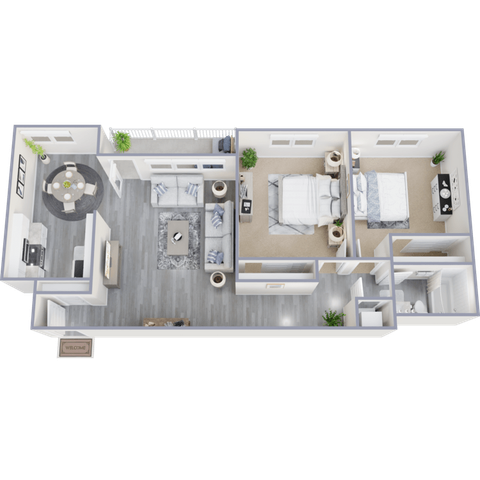 Modern 3D floor plan showcasing a stylish 2-bedroom apartment with open-concept living area, spacious kitchen, and inviting balcony.