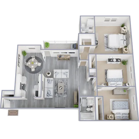 Modern 3-bedroom apartment floor plan with open-concept living and dining area, sleek kitchen, two bathrooms, and a balcony.