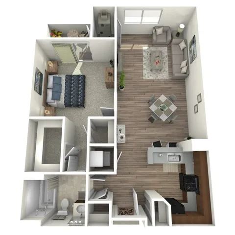 Charming 1-bedroom apartment floor plan featuring a cozy living room, modern kitchen, and private balcony.