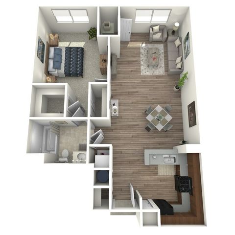 Modern 3D floor plan showcasing a spacious one-bedroom layout with open-concept living and dining area, sleek kitchen, and stylish bathroom.