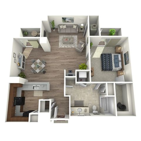Modern 3D floor plan showcasing a spacious open-concept living area, stylish kitchen, cozy bedroom, and elegant bathroom.