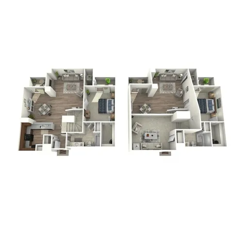 Charming 3D floor plan showcasing a spacious two-story apartment with 2 bedrooms, stylish living room, modern kitchen, and elegant bathrooms.