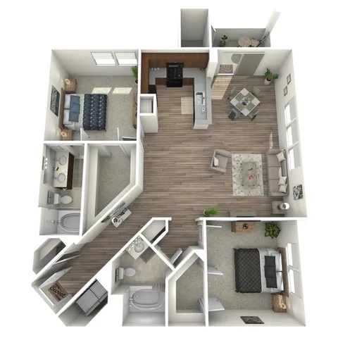 Modern 3D floor plan showcasing two spacious bedrooms, elegant open-concept living and dining area, and a sleek kitchen.