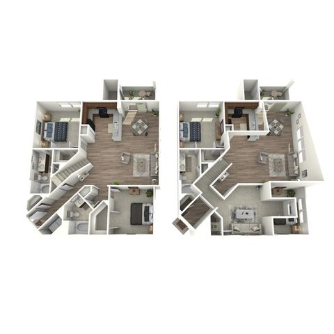 Modern 3D floor plan with two levels, showcasing spacious living areas, a stylish kitchen, and multiple cozy bedrooms.