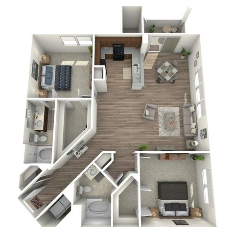 Inviting 3D floor plan showcasing a modern apartment with two bedrooms, two bathrooms, an open-concept kitchen, and a bright, spacious living area with hardwood floors.