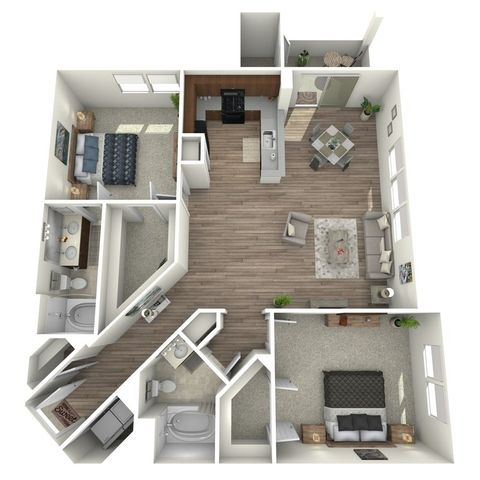Modern 3D floor plan showcasing 2 spacious bedrooms, an open-concept living and dining area, elegant kitchen, and dual bathrooms, perfect for stylish living.