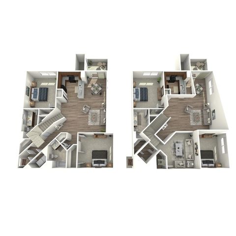 Modern 3D floor plan showcasing a spacious two-story apartment with three bedrooms, open-concept living areas, and a stylish kitchen.