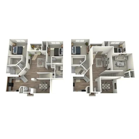 Modern 3D floor plan of a spacious two-level apartment featuring three bedrooms, an open-concept living area, and a sleek kitchen.