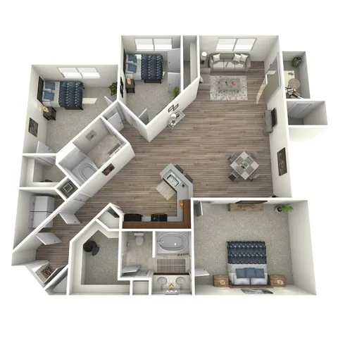 Inviting 3D floor plan showcasing three spacious bedrooms, elegant living room, modern kitchen, and cozy dining area with natural light, perfect for comfortable living.