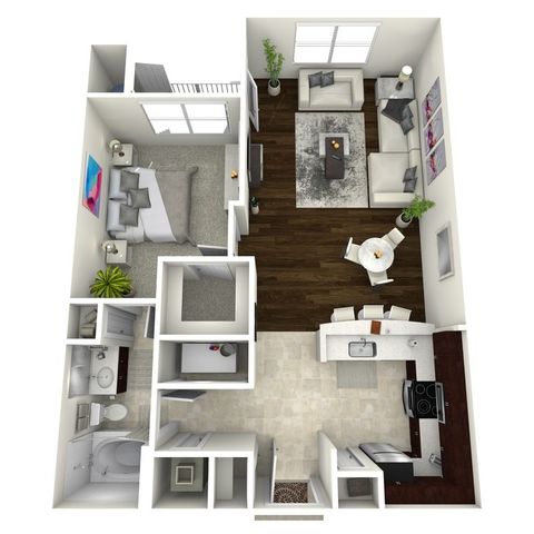 Modern 3D floor plan showcasing a spacious one-bedroom apartment with an open-concept living area, stylish kitchen, and cozy balcony access.