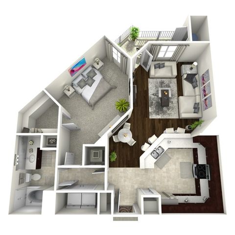 Modern 3D floor plan showcasing a spacious 1-bedroom apartment with elegant living area, gourmet kitchen, and stylish bathroom.